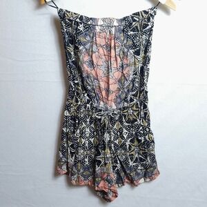 Angie Strapless Romper Small Black Peach Boho Geometric Tile Print Festival S